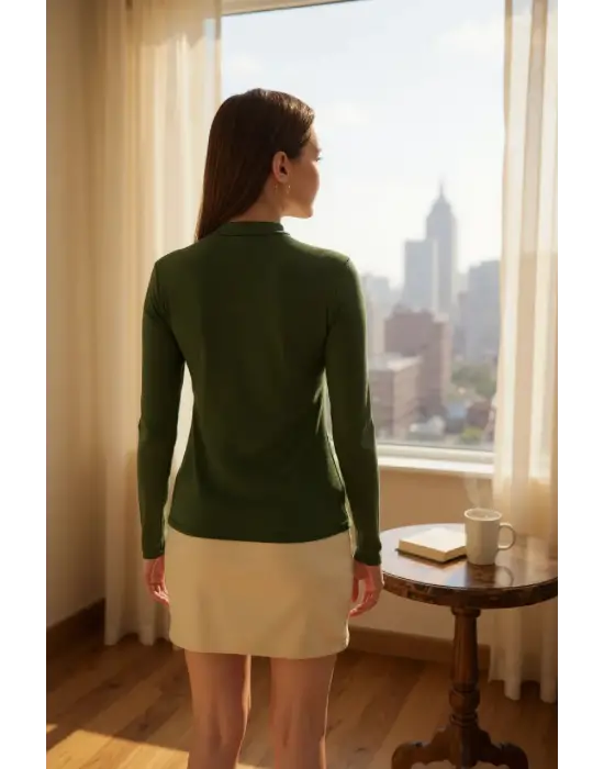 Kadın Haki Yeşili Parmak Detaylı Esnek Uzun Kollu Body