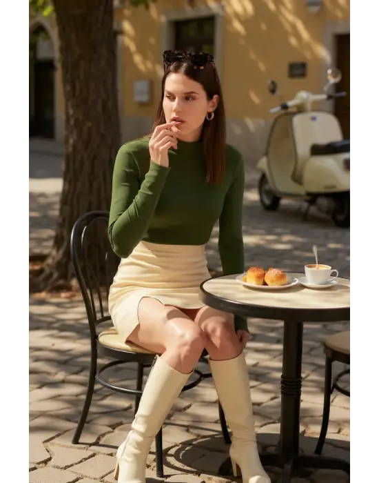 Kadın Haki Yeşili Parmak Detaylı Esnek Uzun Kollu Body