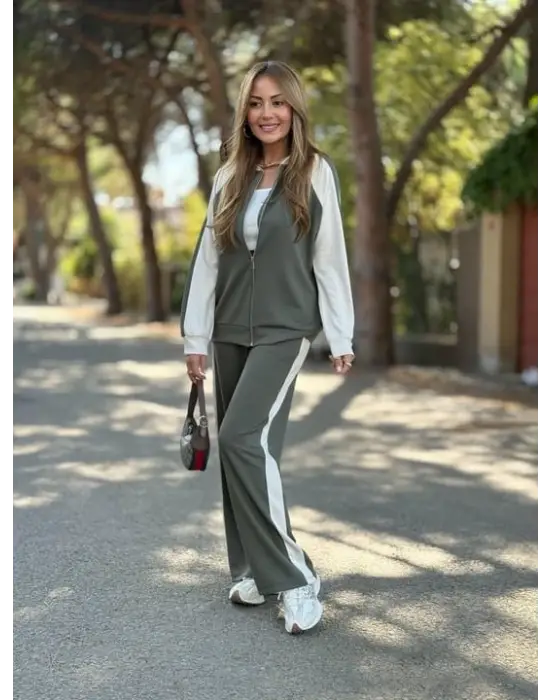 Kadın Hakim Yaka şerit Detay Hırka Ve Bol Paça Pantolon Ikili Takım