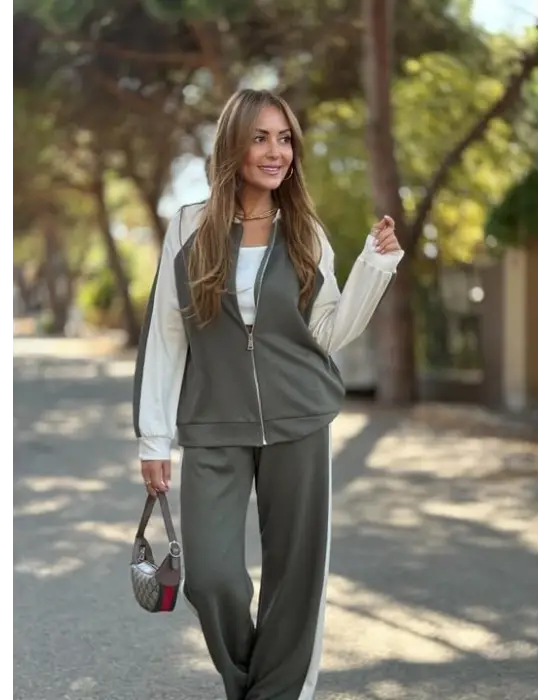 Kadın Hakim Yaka şerit Detay Hırka Ve Bol Paça Pantolon Ikili Takım