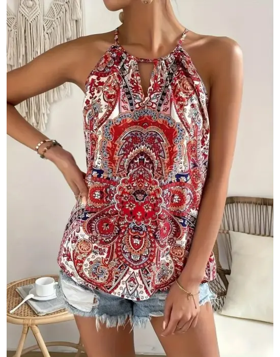 Kadın Halter Kollu Damla Detaylı Desenli Süprem Bluz