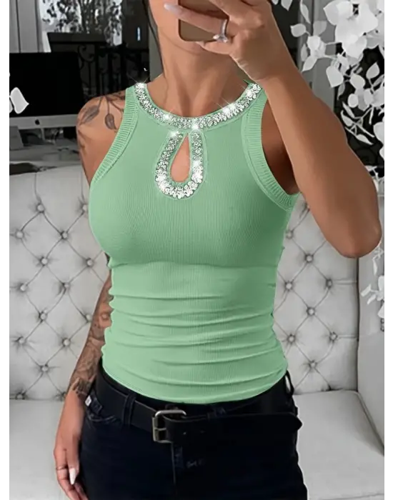 Kadın Halter Kollu Yuvarlak Taşlı Yaka Damla Detaylı Kaşkorse Bluz