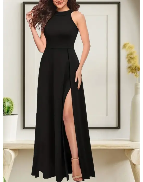 Kadın Halter Yaka Derin Yırtmaç Detaylı Tam Boy Ithal Krep Abiye Elbise