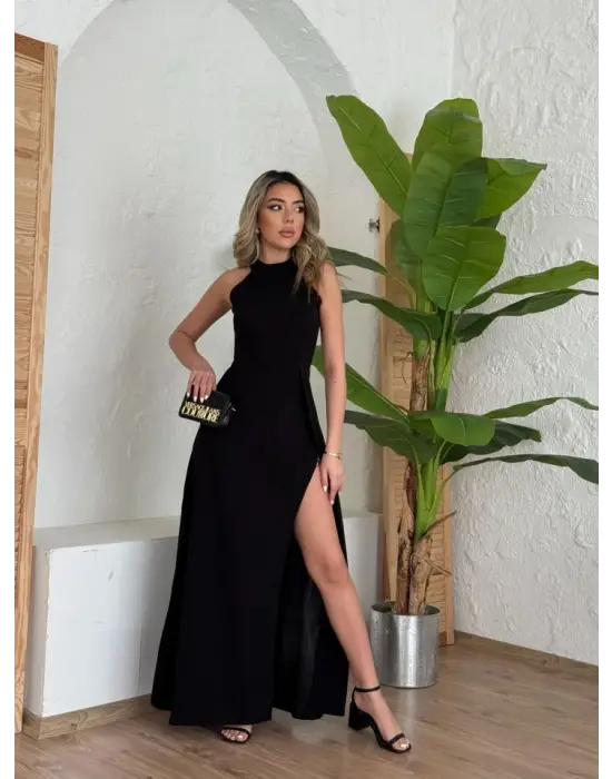 Kadın Halter Yaka Derin Yırtmaç Detaylı Tam Boy Ithal Krep Abiye Elbise