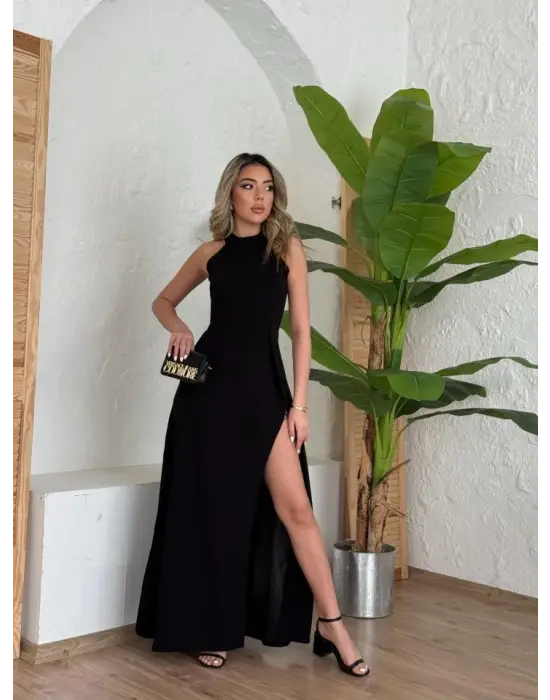 Omarı Derin Yırtmaç Detaylı Krep Abiye Elbise