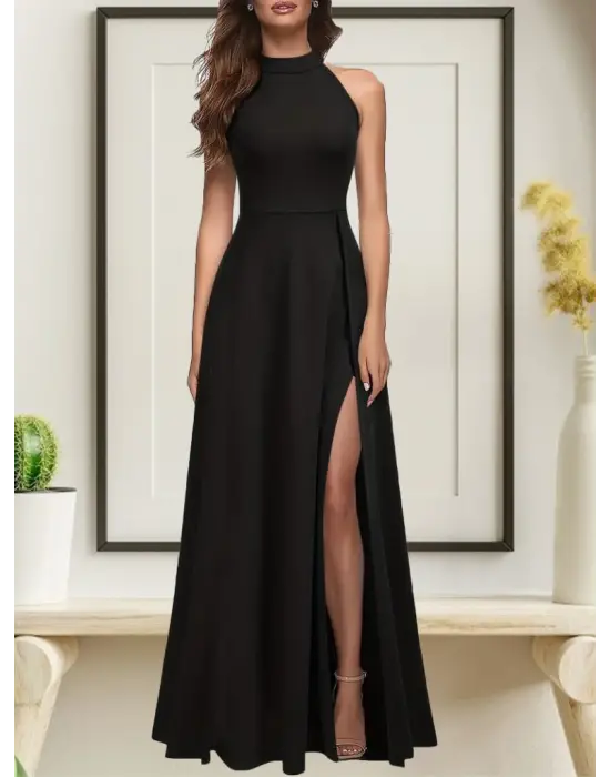 Kadın Halter Yaka Derin Yırtmaç Detaylı Tam Boy Ithal Krep Abiye Elbise