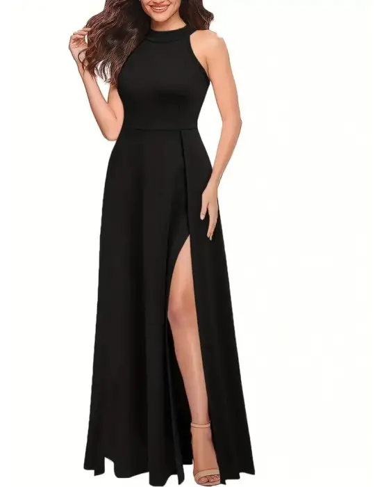 Omarı Derin Yırtmaç Detaylı Tam Boy Kadın Krep Abiye Elbise