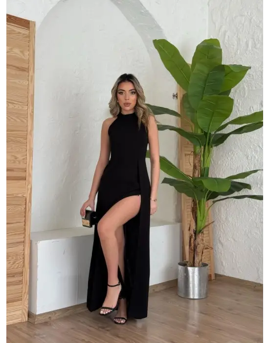Kadın Halter Yaka Derin Yırtmaç Detaylı Tam Boy Ithal Krep Abiye Elbise