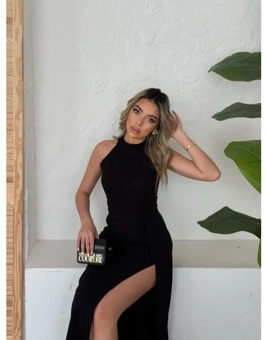 Kadın Halter Yaka Derin Yırtmaç Detaylı Tam Boy Ithal Krep Abiye Elbise