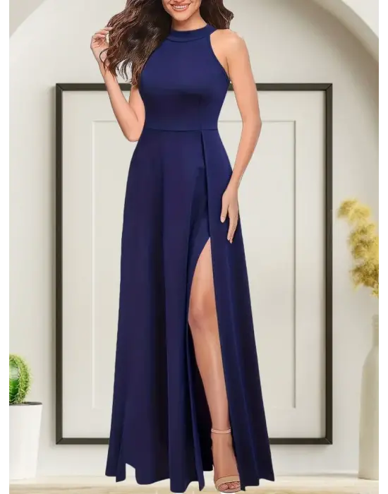 Kadın Halter Yaka Derin Yırtmaç Detaylı Tam Boy Janjan Krep Abiye Elbise