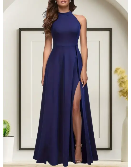 Kadın Halter Yaka Derin Yırtmaç Detaylı Tam Boy Janjan Krep Abiye Elbise