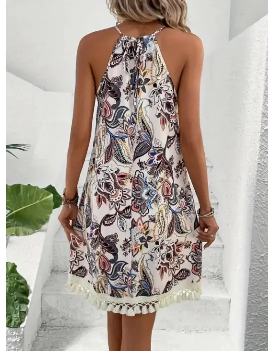 Omarı Çiçek Desenli Halter Yaka Püsküllü Elbise