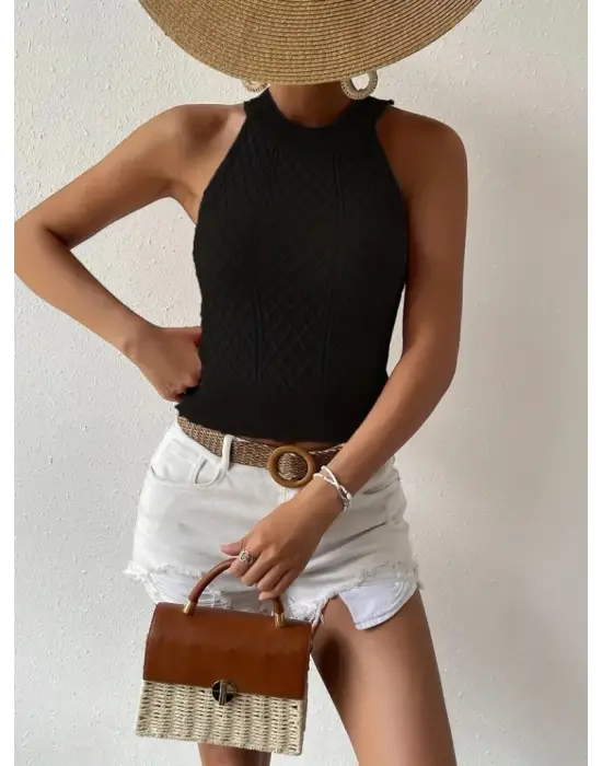 Kadın Halter Yaka Mini Baklava Desenli Triko Bluz