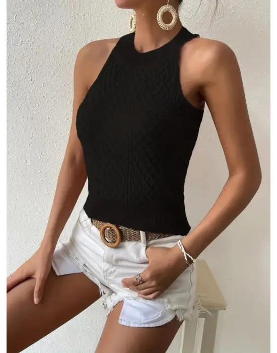 Kadın Halter Yaka Mini Baklava Desenli Triko Bluz