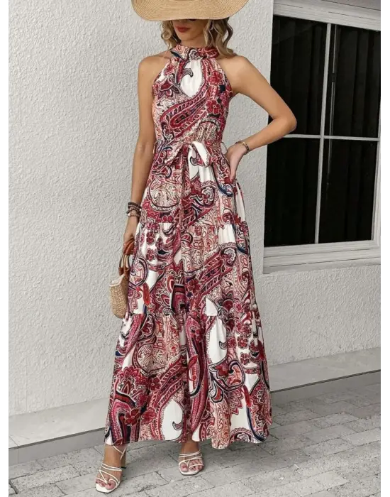 Kadın Halter Yakalı Omuzlardan Açık Kuşaklı Maksi Boy Desenli Süprem Elbise