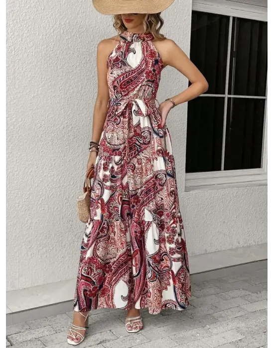 Omarı Kadın Desenli Maksi Boy Elbise