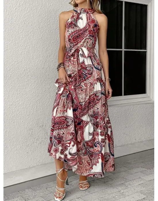 Kadın Halter Yakalı Omuzlardan Açık Kuşaklı Maksi Boy Desenli Süprem Elbise