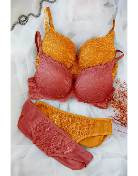 Omarı Minik Desenli Dolgulu Sütyen ve Külot Seti