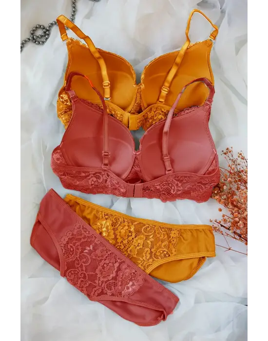 Omarı Minik Desenli Dolgulu Sütyen ve Külot Seti