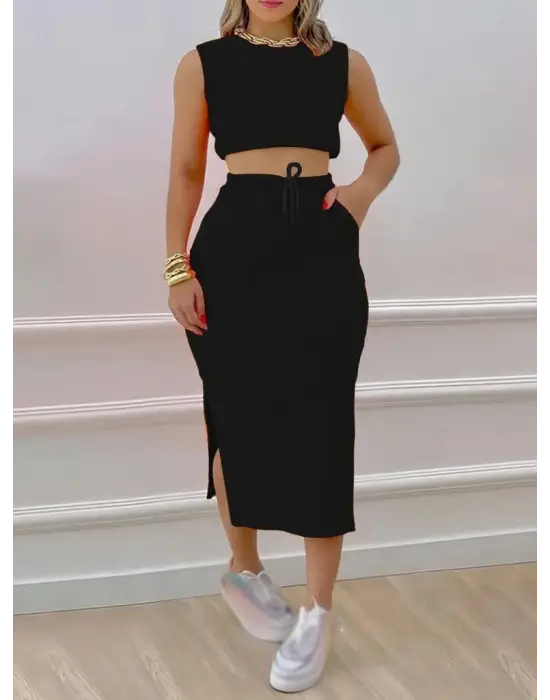 Kadın Iki Iplik Crop Etek Ikili Takım