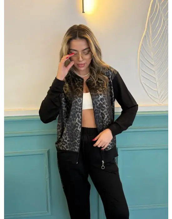 Kadın İki İplik Kumaş Yılan Desenli Fermuarlı İkili Takım