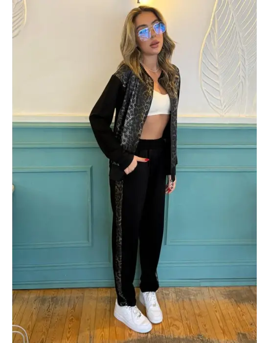 Kadın İki İplik Kumaş Yılan Desenli Fermuarlı İkili Takım