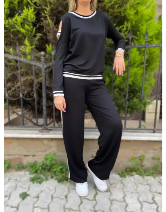 Kadın Iki Iplik Penye Kumaş Kol Detaylı Ribanalı Ikili Takım