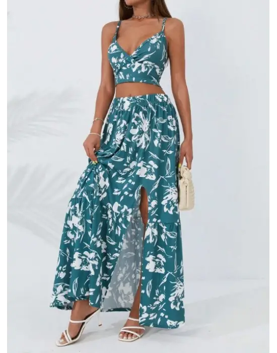Kadın Ince Askılı çiçek Baskı Desenli Crop Yırtmaçlı Etek Ikili Süprem Takım