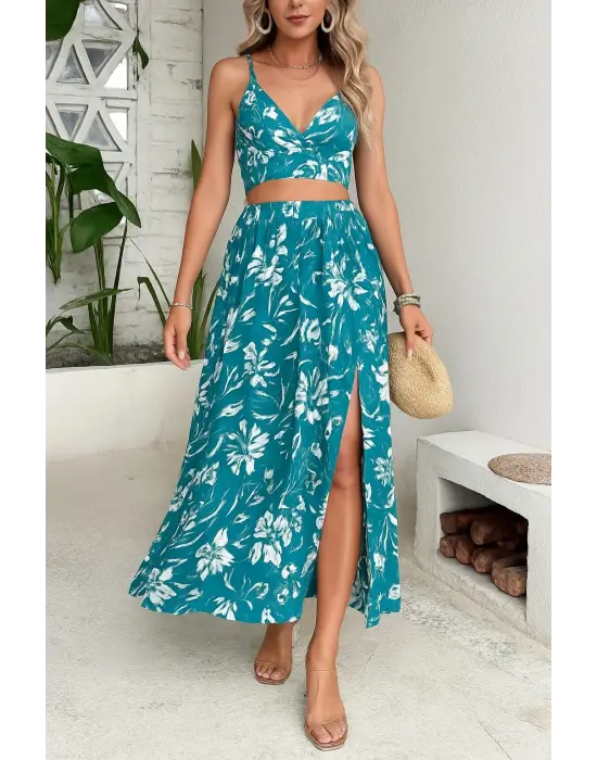 Kadın Ince Askılı çiçek Baskı Desenli Crop Yırtmaçlı Etek Ikili Süprem Takım