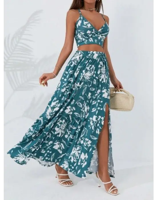 Kadın Ince Askılı çiçek Baskı Desenli Crop Yırtmaçlı Etek Ikili Süprem Takım