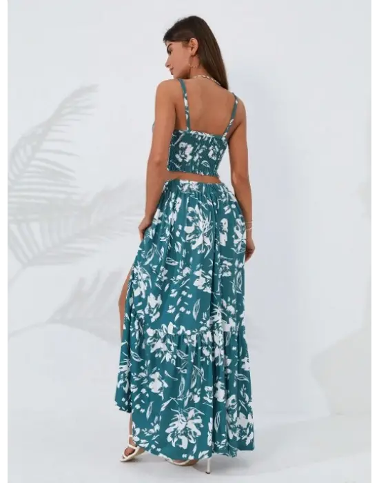 Kadın Ince Askılı çiçek Baskı Desenli Crop Yırtmaçlı Etek Ikili Süprem Takım