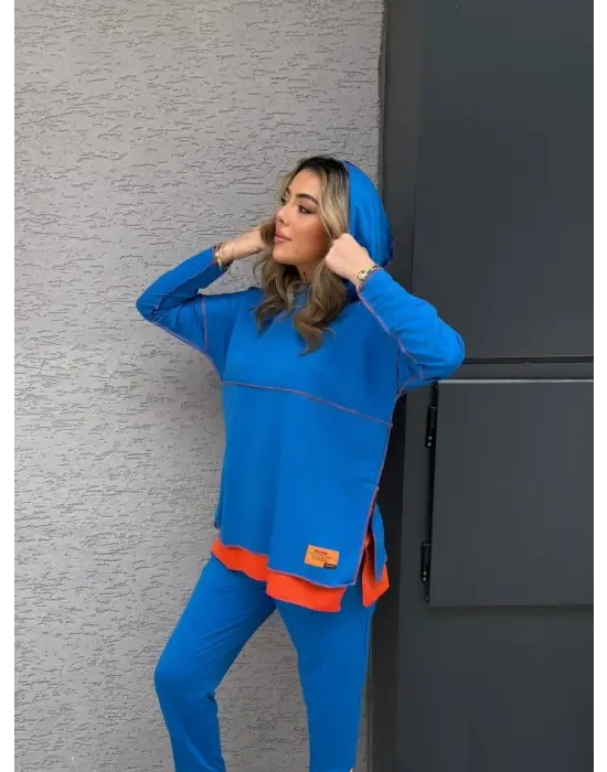 Kadın Indigo Kapşonlu Etek Ucu Detay Arma Ters Dikiş Gorunumlu Ikili Takım