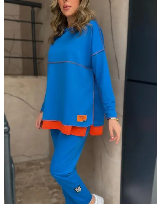 Kadın Indigo Kapşonlu Etek Ucu Detay Arma Ters Dikiş Gorunumlu Ikili Takım