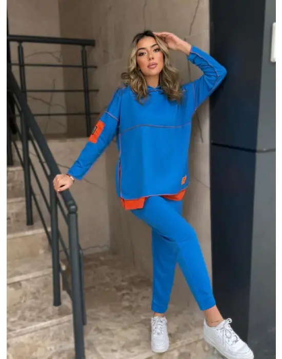 Kadın Indigo Kapşonlu Etek Ucu Detay Arma Ters Dikiş Gorunumlu Ikili Takım