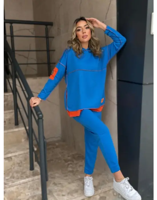 Kadın Indigo Kapşonlu Etek Ucu Detay Arma Ters Dikiş Gorunumlu Ikili Takım