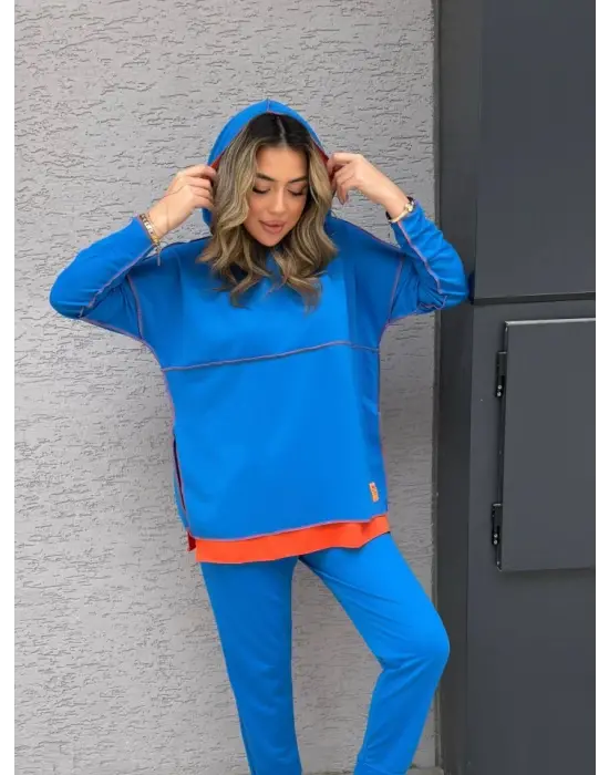 Kadın Indigo Kapşonlu Etek Ucu Detay Arma Ters Dikiş Gorunumlu Ikili Takım