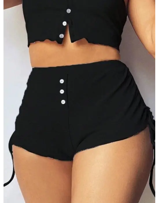 Kadın Ip Askılı Crop Bluz Ve Yanlardan Büzgülü Ikili Kaşkorse Short Takım