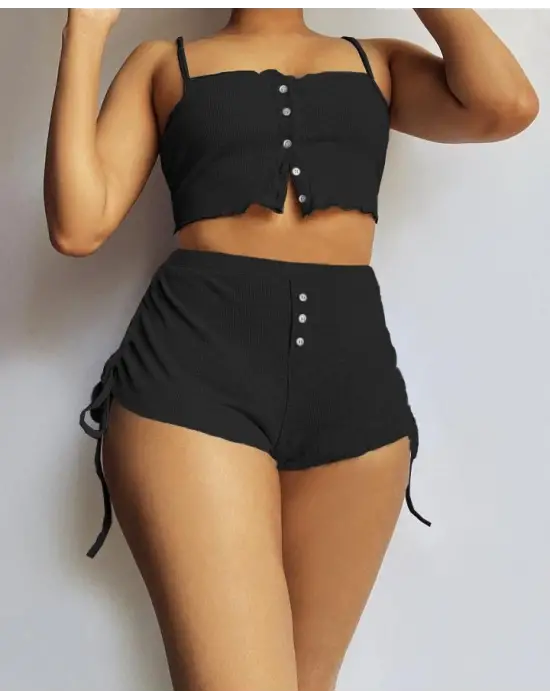 Kadın Ip Askılı Crop Bluz Ve Yanlardan Büzgülü Ikili Kaşkorse Short Takım