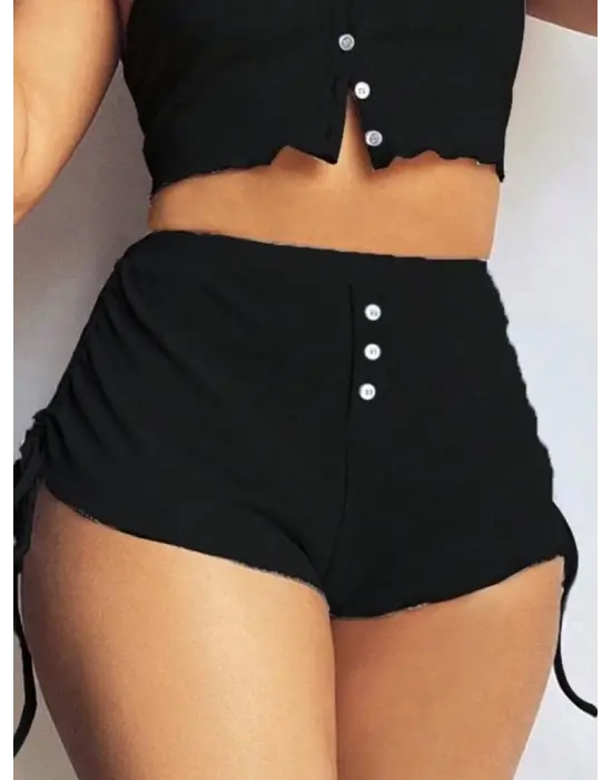 Kadın Ip Askılı Crop Bluz Ve Yanlardan Büzgülü Ikili Kaşkorse Short Takım