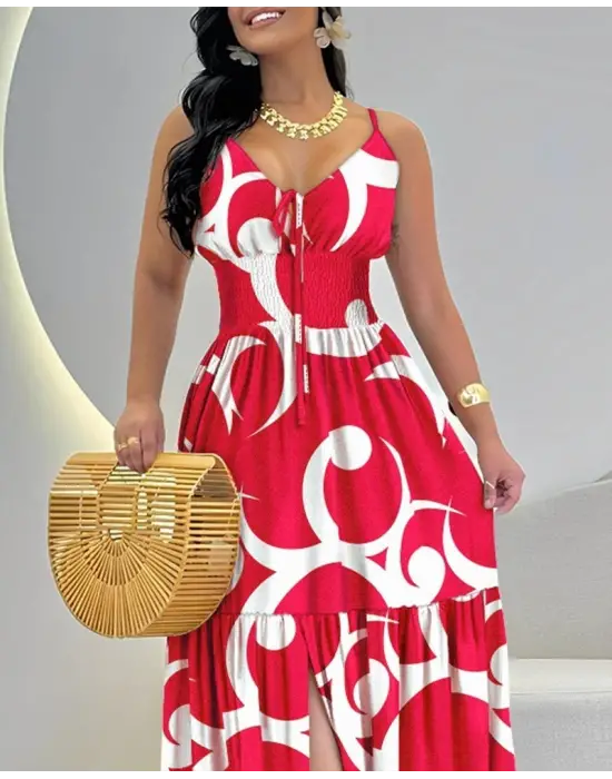 Kadın Ip Askılı Dekolteli Bağcıklı Yırtmaçlı Desenli Süprem Elbise