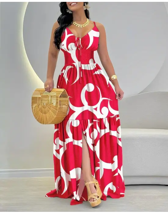 Kadın Ip Askılı Dekolteli Bağcıklı Yırtmaçlı Desenli Süprem Elbise