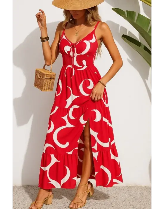 Kadın Ip Askılı Dekolteli Bağcıklı Yırtmaçlı Desenli Süprem Elbise