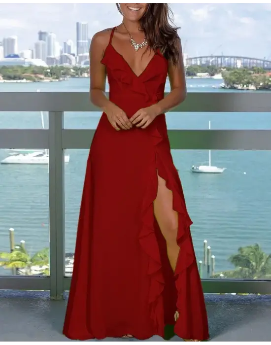 Omarı Dekolteli Yırtmaç Detaylı Krep Elbise