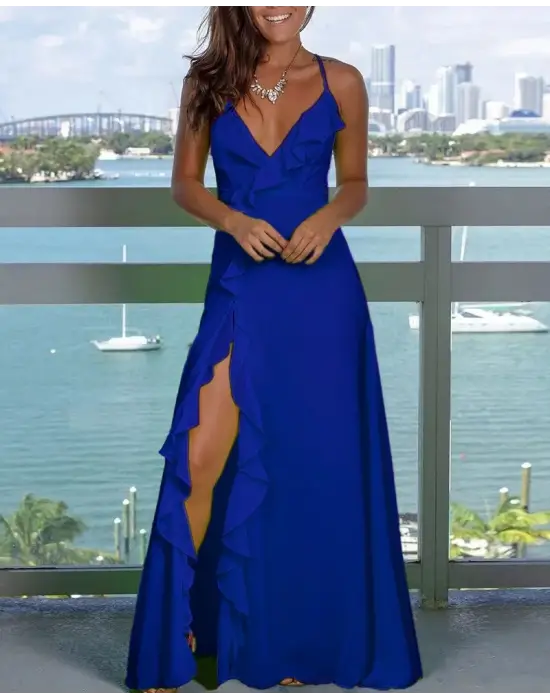 Kadın Ip Askılı Dekolteli Yırtmaç Detay Krep Elbise