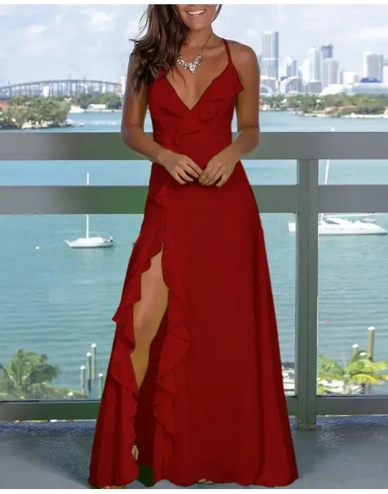 Omarı Dekolteli Yırtmaç Detaylı Krep Elbise