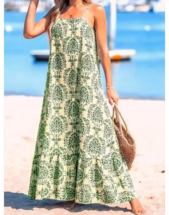 Omarı Desenli Fırfırlı Süprem Elbise