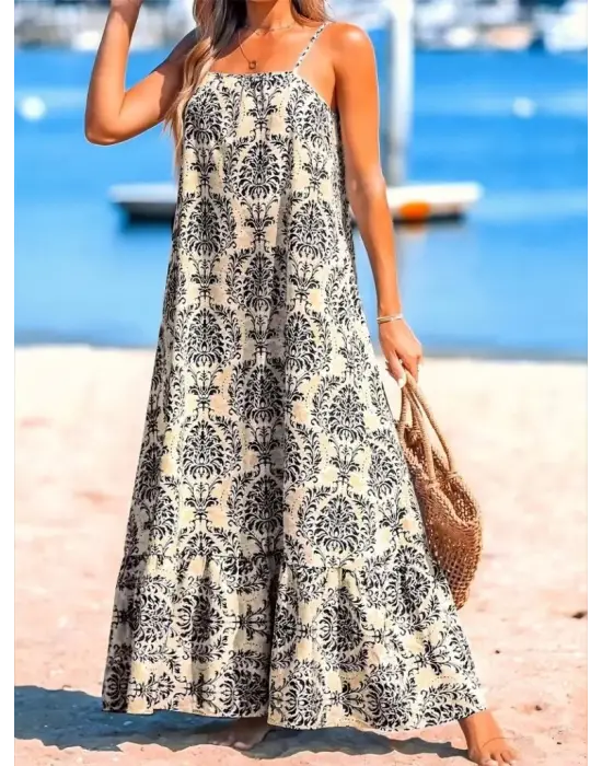 Omarı Fırfırlı Kadın Askılı Desenli Elbise