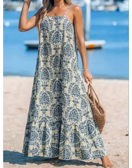 Omarı Desenli Fırfırlı Süprem Elbise