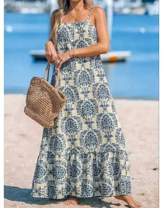 Omarı Desenli Fırfırlı Süprem Elbise