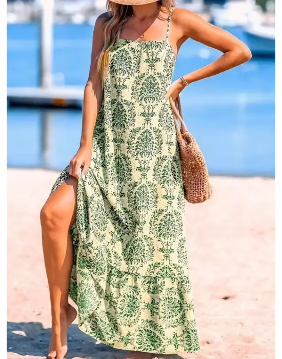 Kadın Ip Askılı Desenli Fırfırlı Süprem Elbise